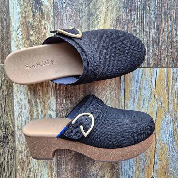 NWoB Rothy's The Classic Clogs Comfort Slid-On 2.5" Cork Heel Black Knit - Picture 1 of 9